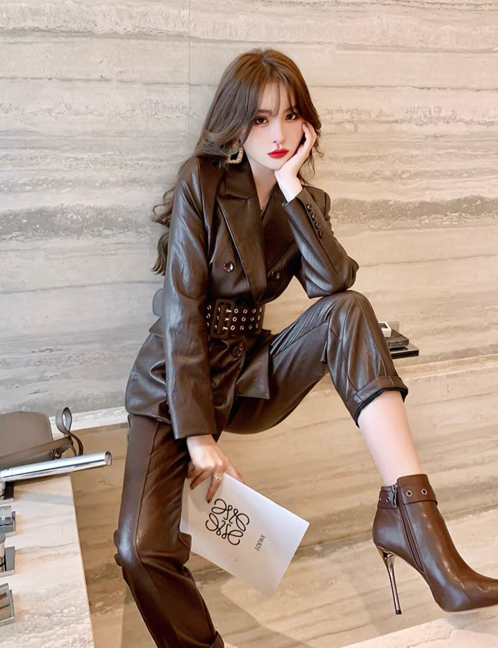 Two-piece faux leather pant set