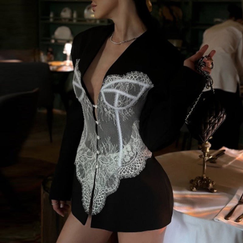 Lace design stitching blazer dress
