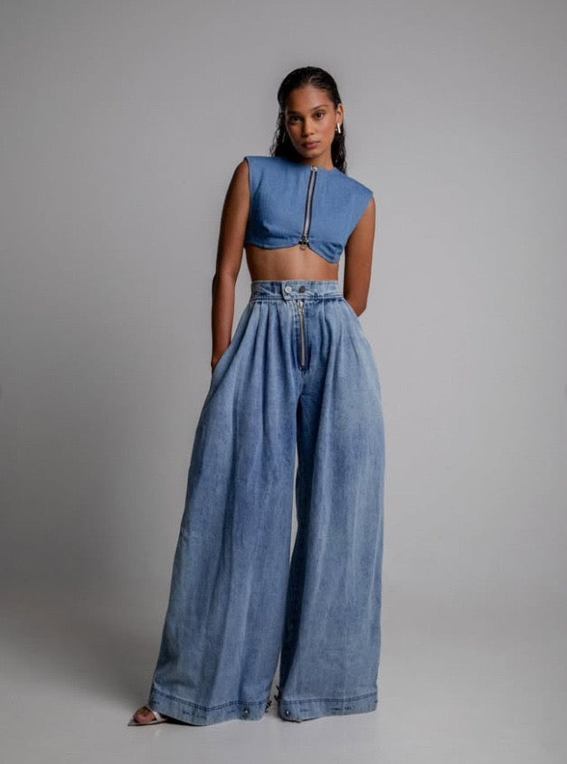 High waist zipper loose denim