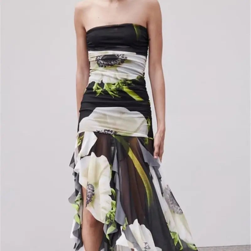 Asymmetrical backless printed dress