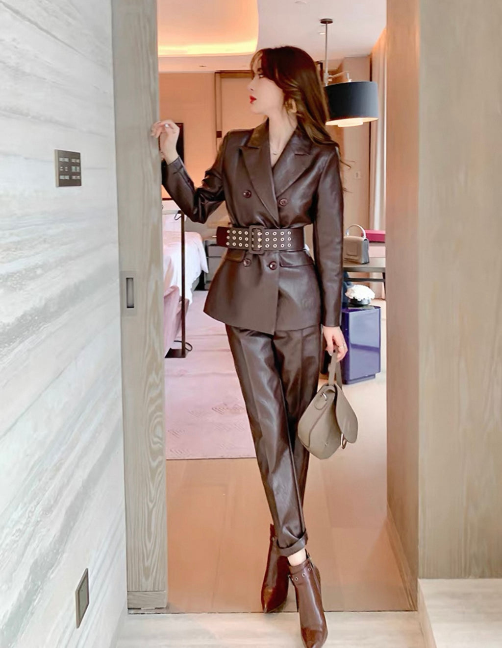 Two-piece faux leather pant set