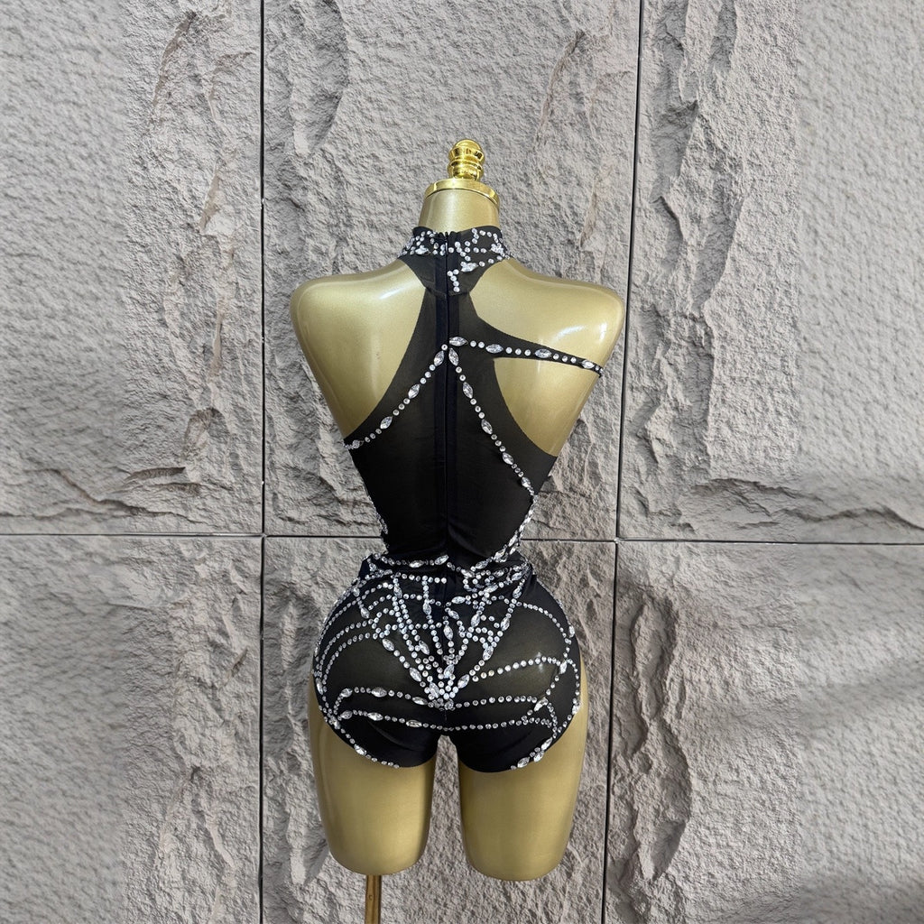 Sexy halterneck casual diamond mesh bodysuit