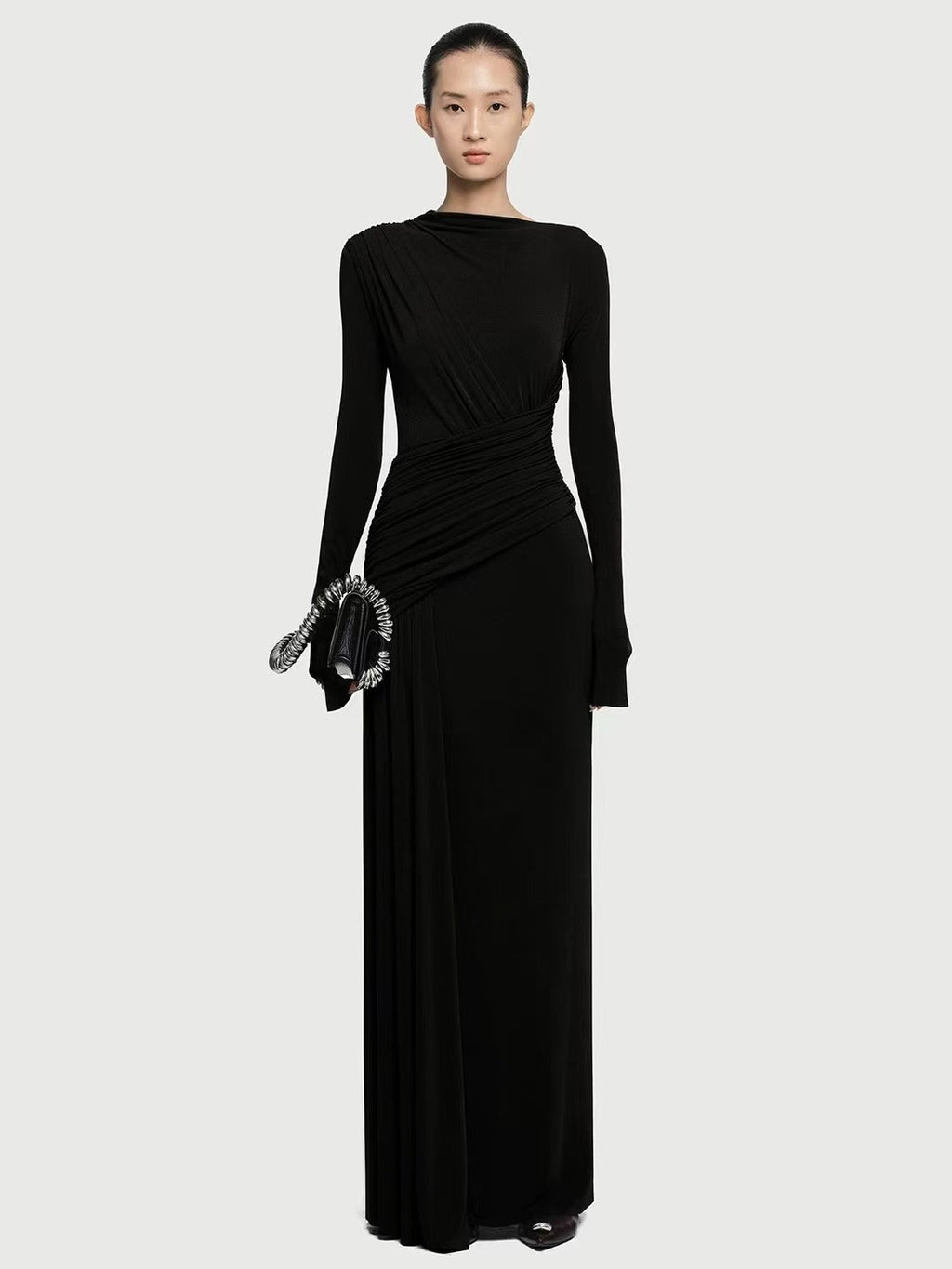 Asymmetric ruched bodice maxi