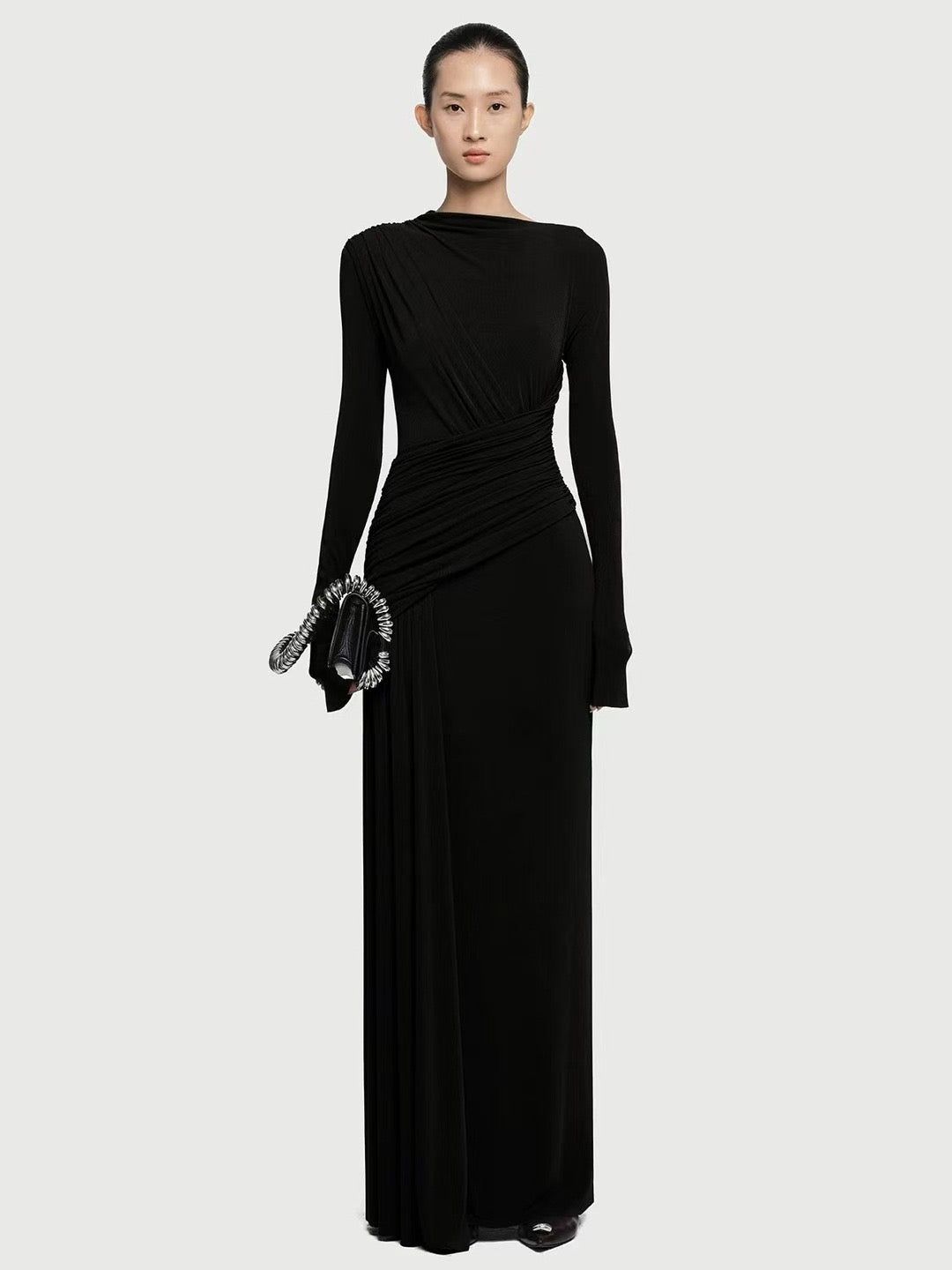 Asymmetric ruched bodice maxi