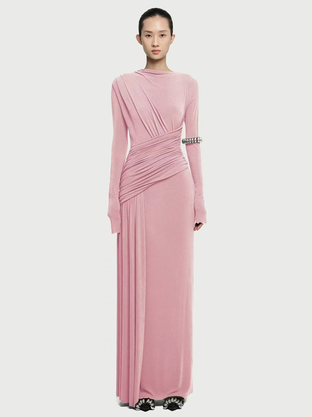 Asymmetric ruched bodice maxi