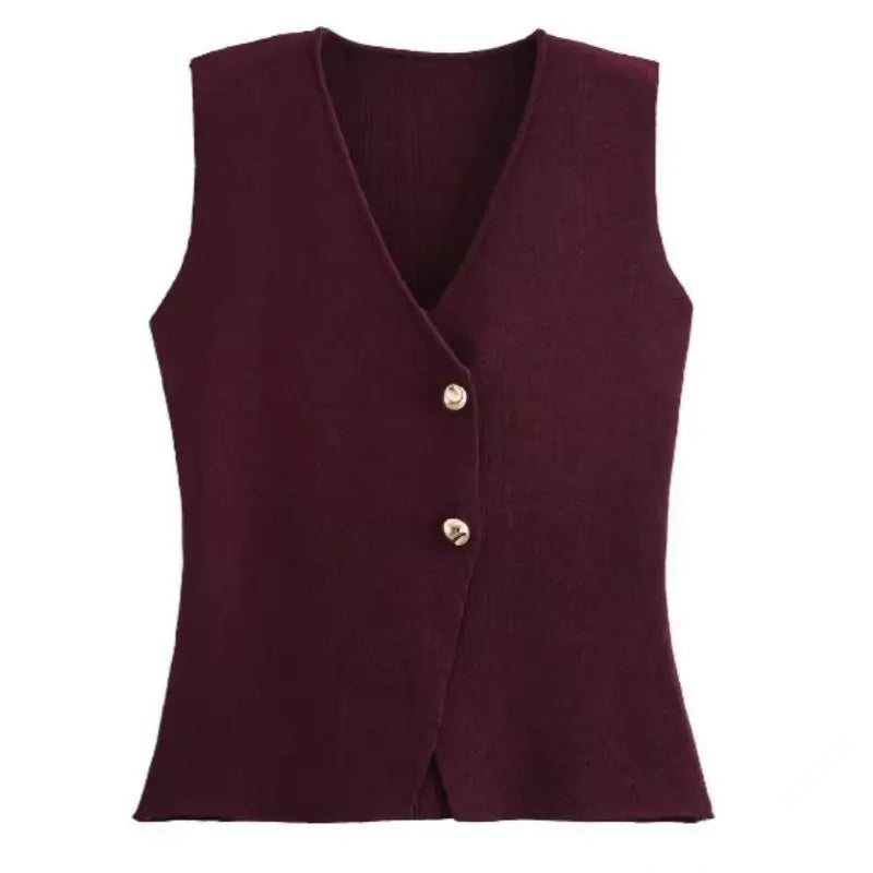 Elegant Plum Two-Piece Set – Sleeveless Button Vest & Pleated Midi Skirt