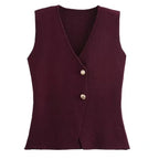 Elegant Plum Two-Piece Set – Sleeveless Button Vest & Pleated Midi Skirt