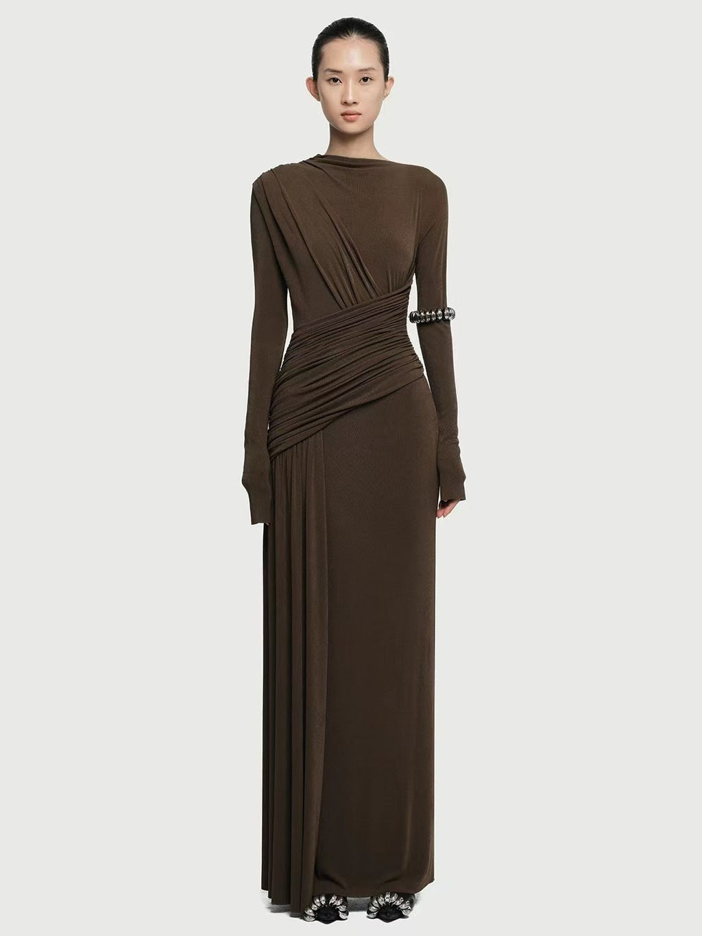 Asymmetric ruched bodice maxi