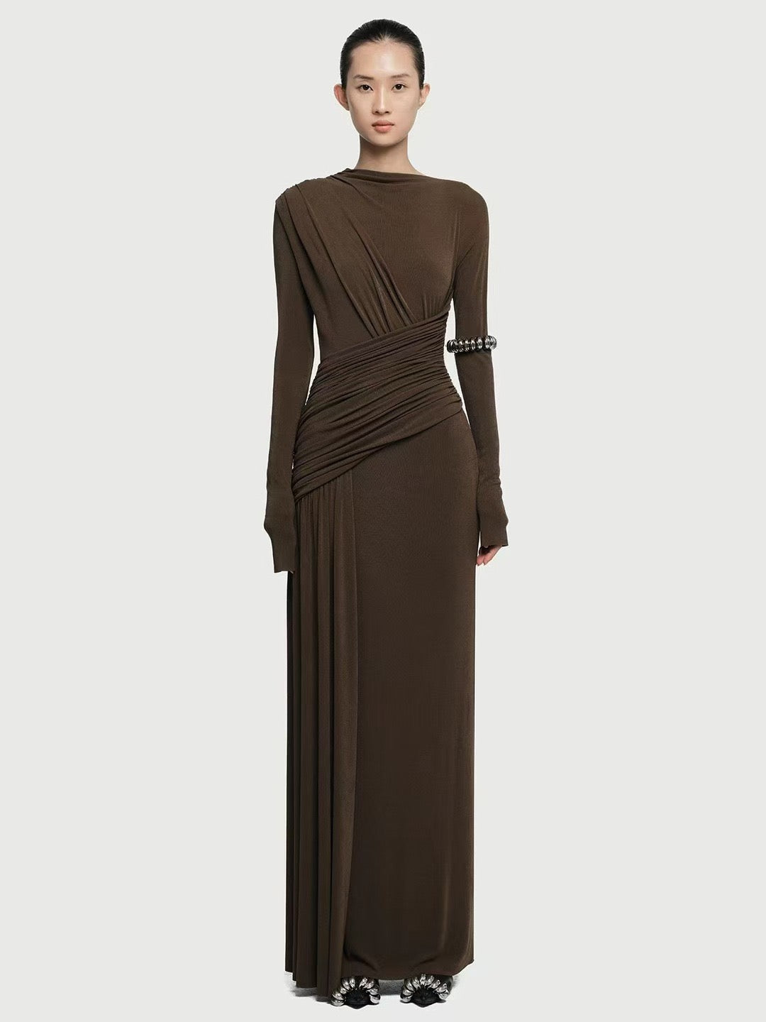 Asymmetric ruched bodice maxi