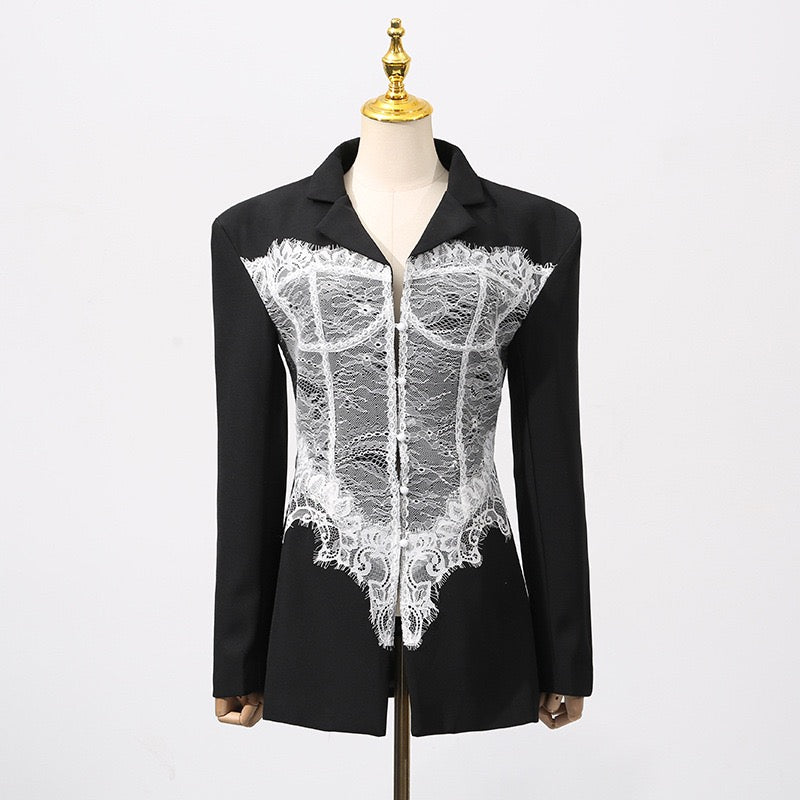 Lace design stitching blazer dress