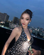 Halter rhinestone asymmetrical high slit dress