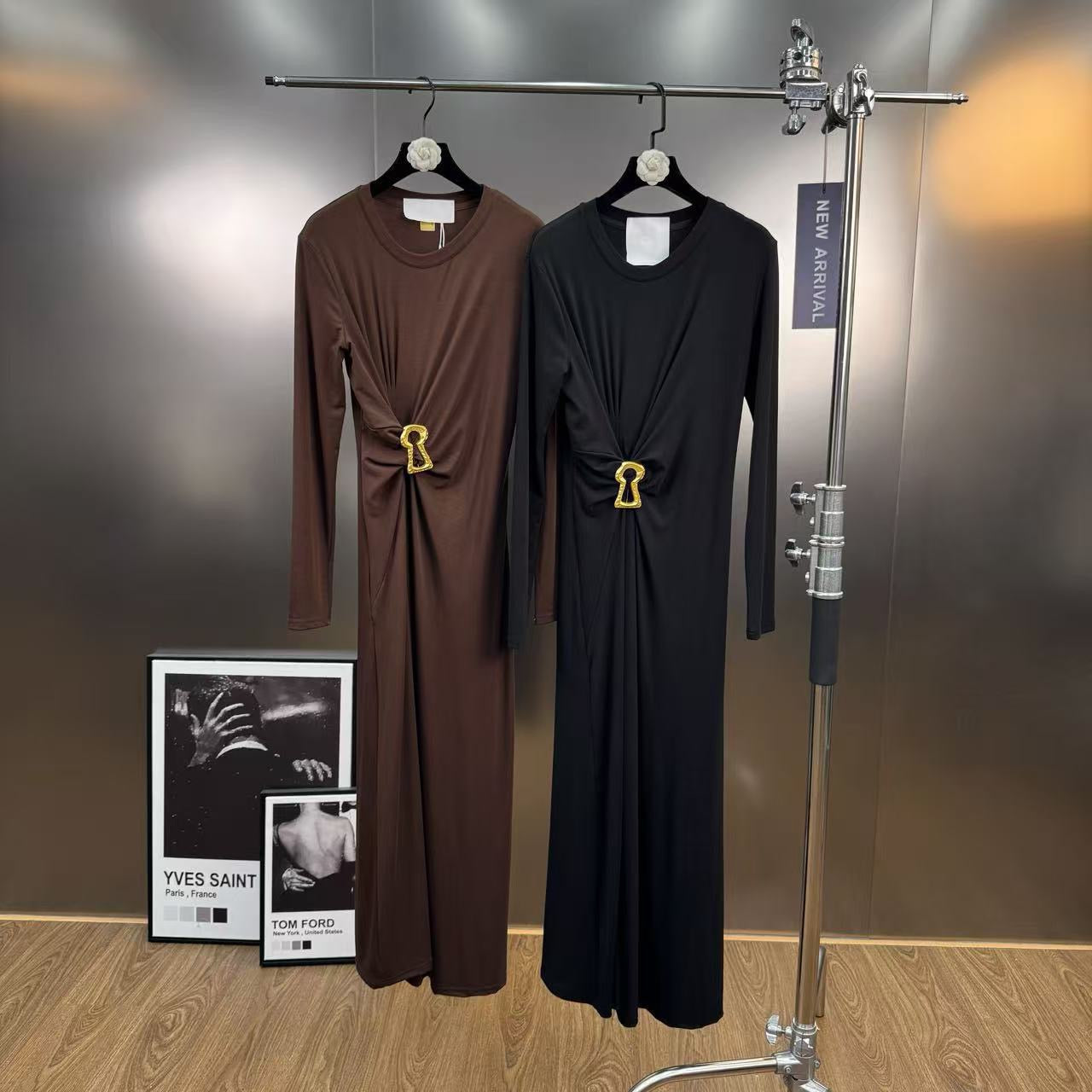 Jersey maxi dress with metallic decor at the waist