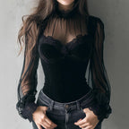 Mesh splicing black lace cut