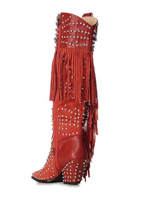 Tadao red Crystal fringed boots