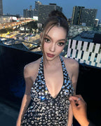 Halter rhinestone asymmetrical high slit dress