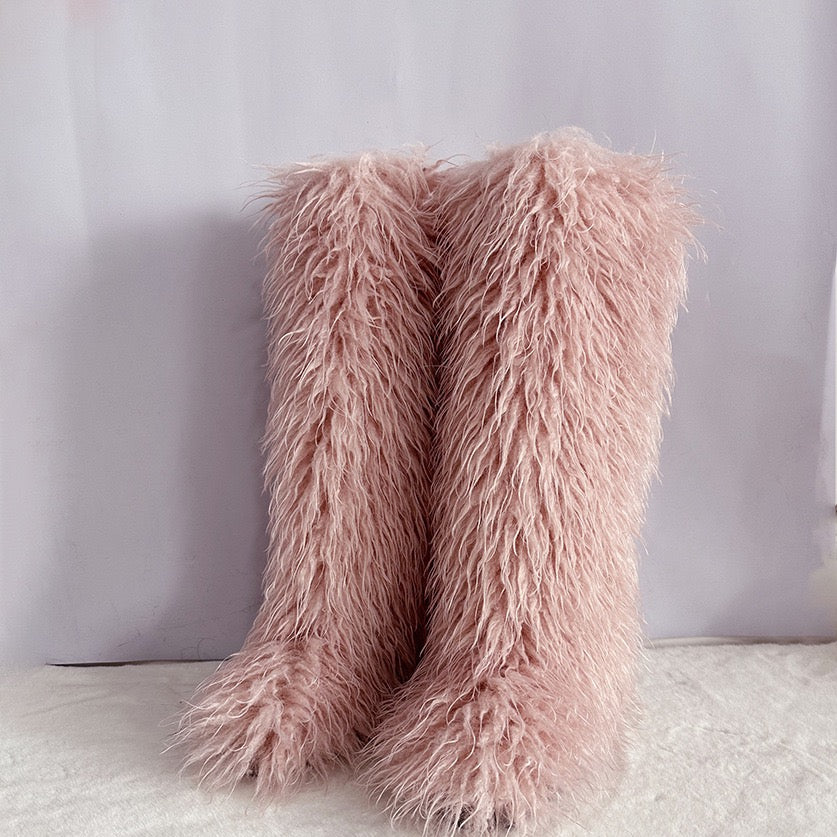 Women's Winter Faux Mongolian Fur Knee High Snow Boots-Warm Fashionable Solid Boots