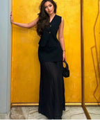 Elegant Plum Two-Piece Set – Sleeveless Button Vest & Pleated Midi Skirt