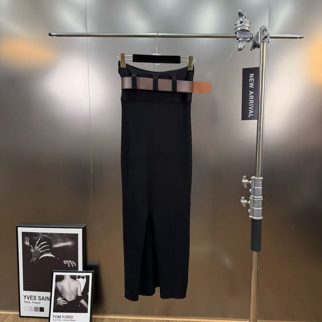 Lapel ribbed belted skirt with top