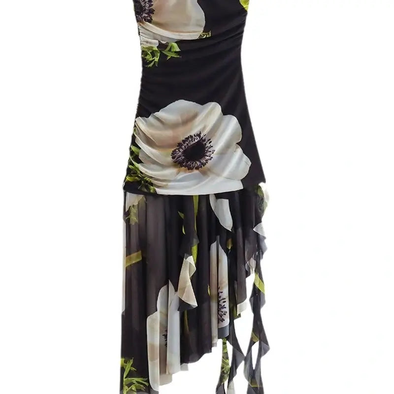 Asymmetrical backless printed dress