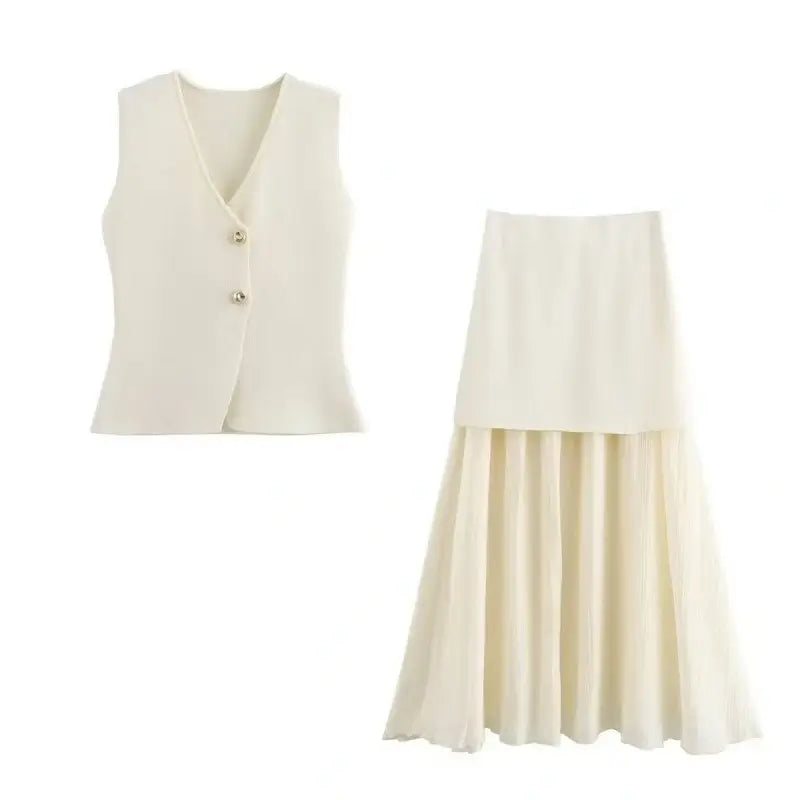 Elegant Plum Two-Piece Set – Sleeveless Button Vest & Pleated Midi Skirt