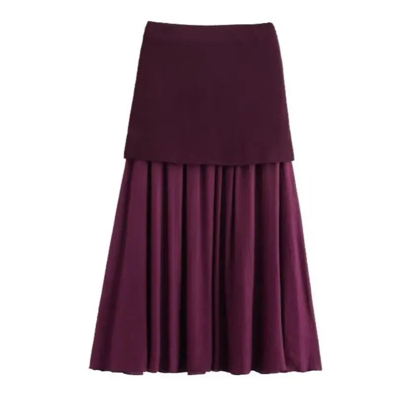 Elegant Plum Two-Piece Set – Sleeveless Button Vest & Pleated Midi Skirt