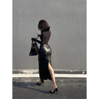 Elegant mid length slit hip skirt