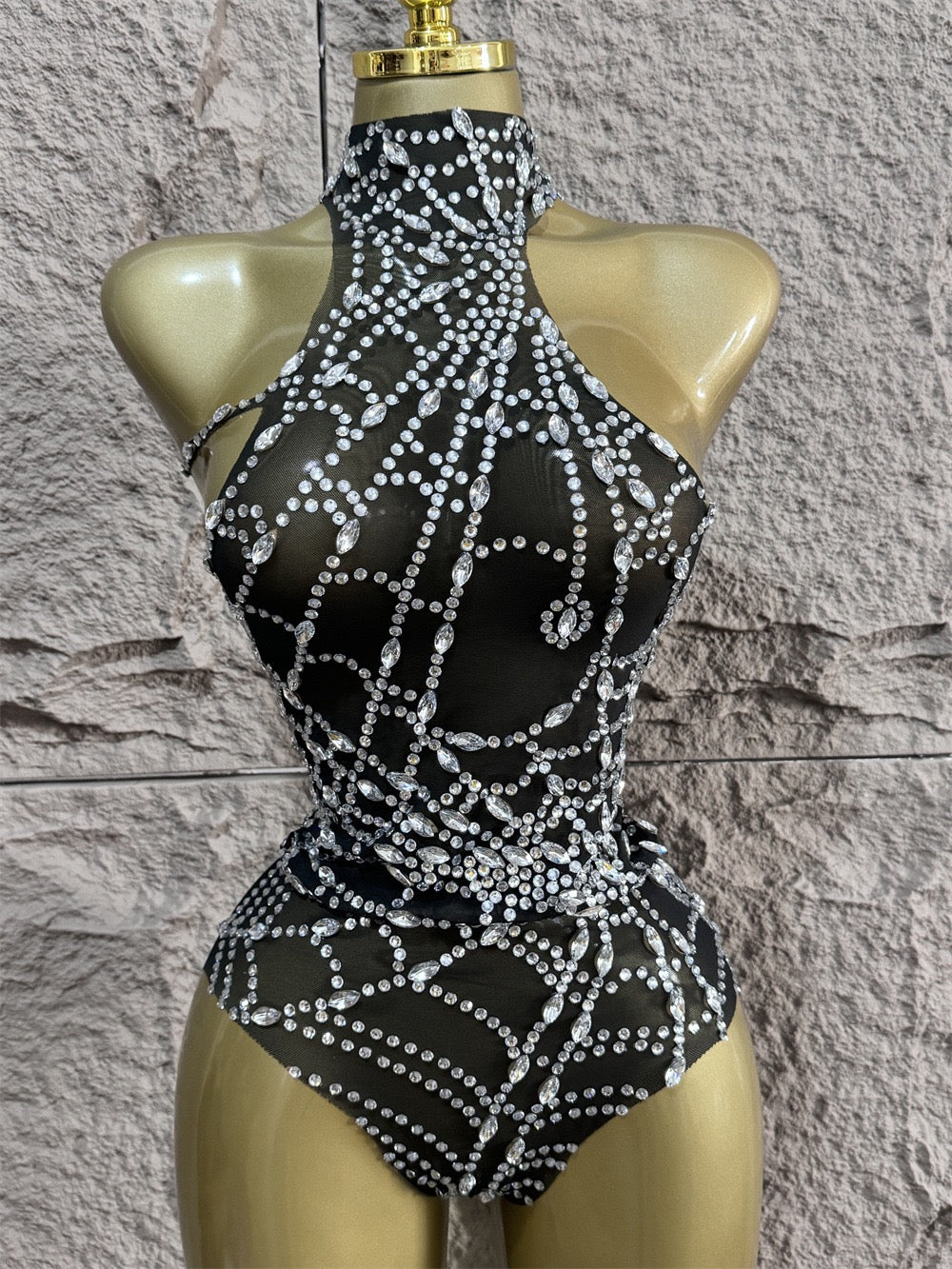 Sexy halterneck casual diamond mesh bodysuit