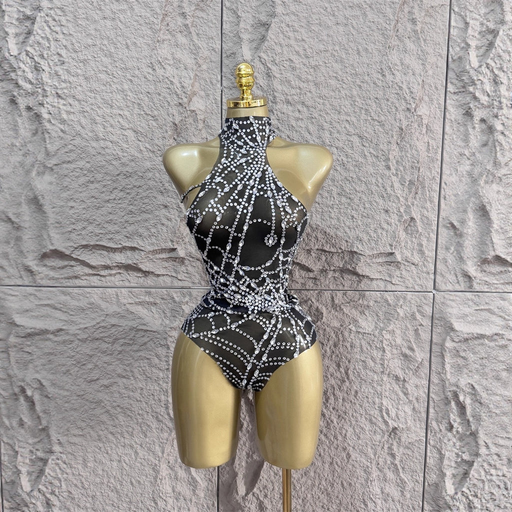 Sexy halterneck casual diamond mesh bodysuit