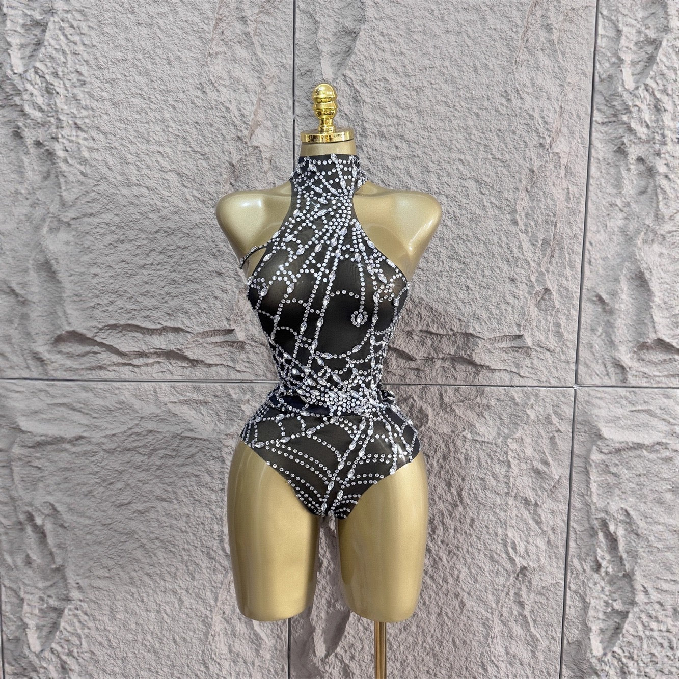 Sexy halterneck casual diamond mesh bodysuit