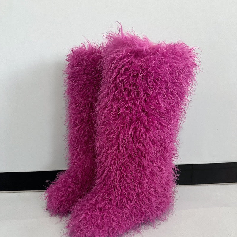 Women's Winter Faux Mongolian Fur Knee High Snow Boots-Warm Fashionable Solid Boots