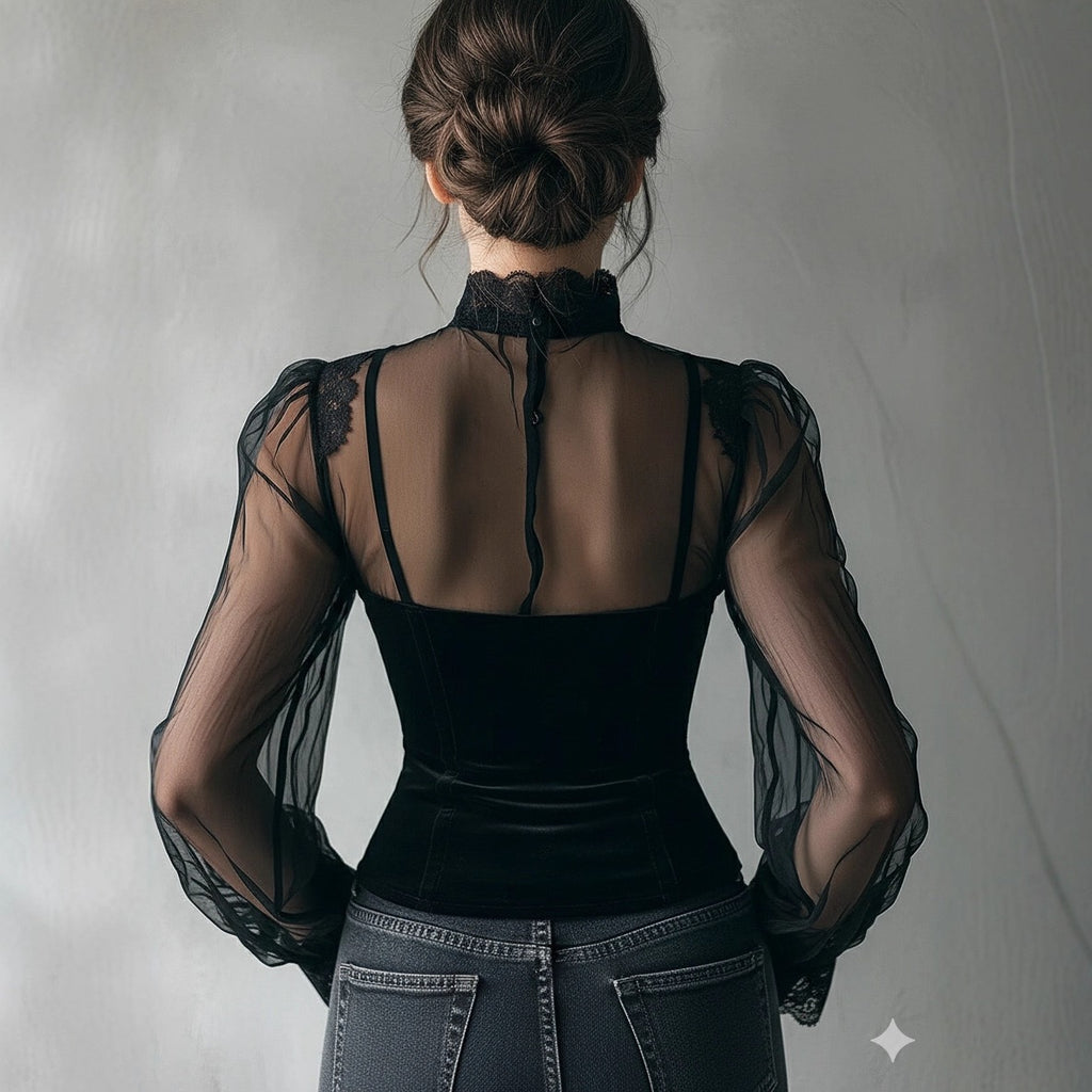 Mesh splicing black lace cut