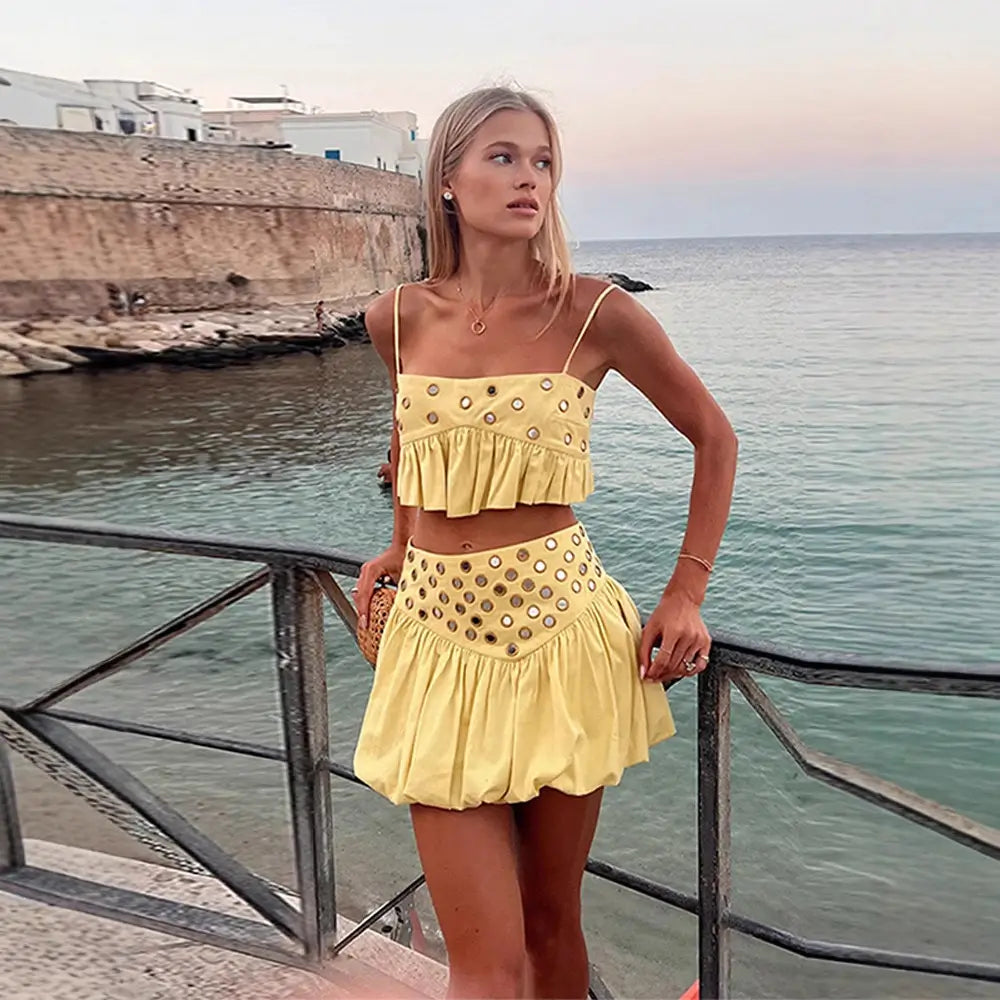 Summer Chic Eyelet Ruffle Tops & Skirts Set – 3-Color Collection