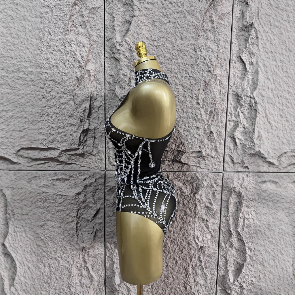 Sexy halterneck casual diamond mesh bodysuit