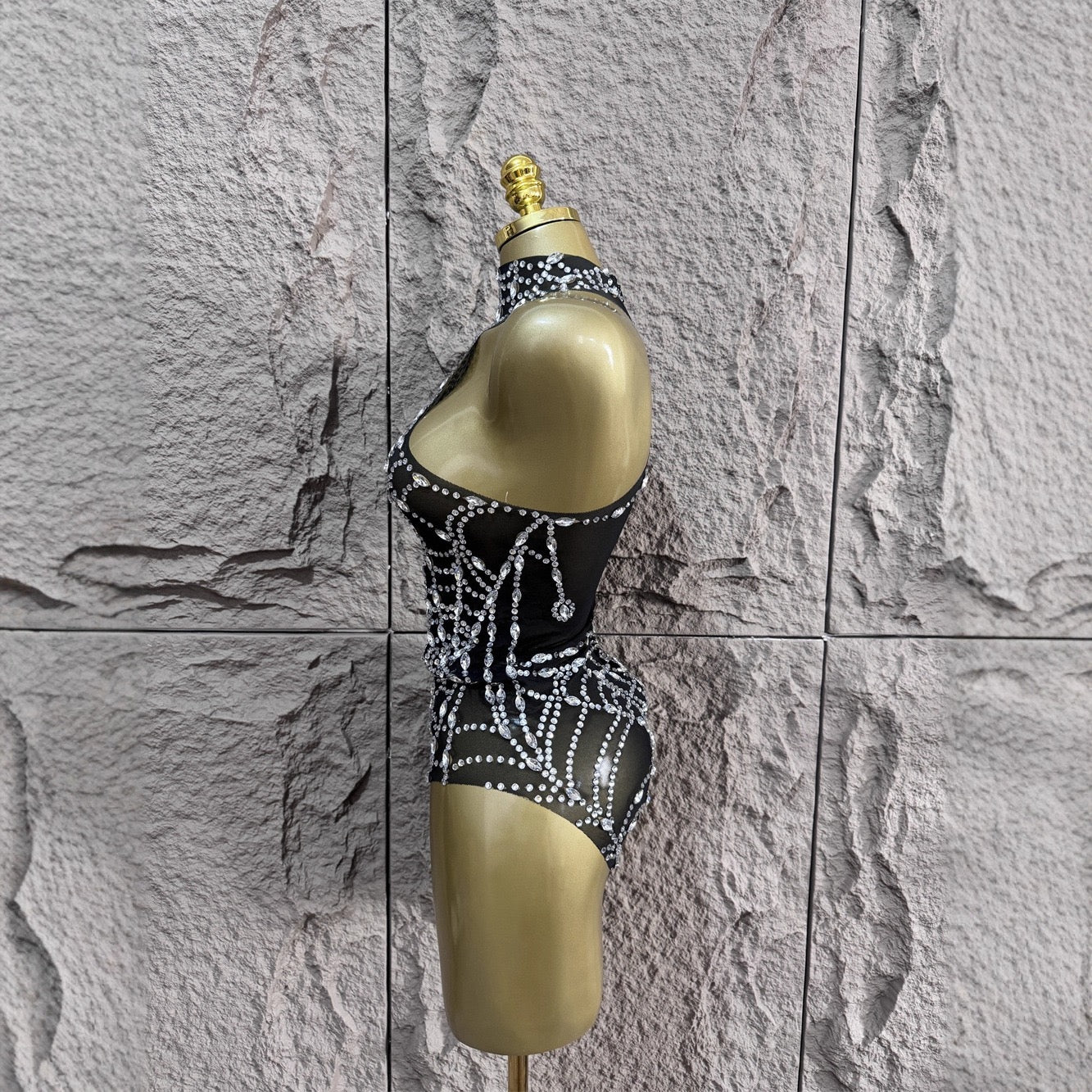 Sexy halterneck casual diamond mesh bodysuit