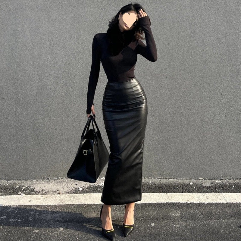 Elegant mid length slit hip skirt