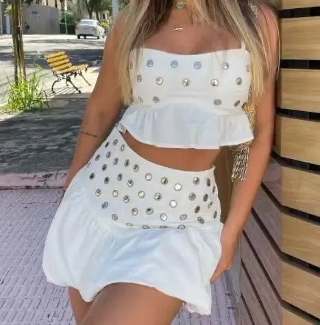 Summer Chic Eyelet Ruffle Tops & Skirts Set – 3-Color Collection