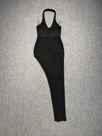 Halter rhinestone asymmetrical high slit dress