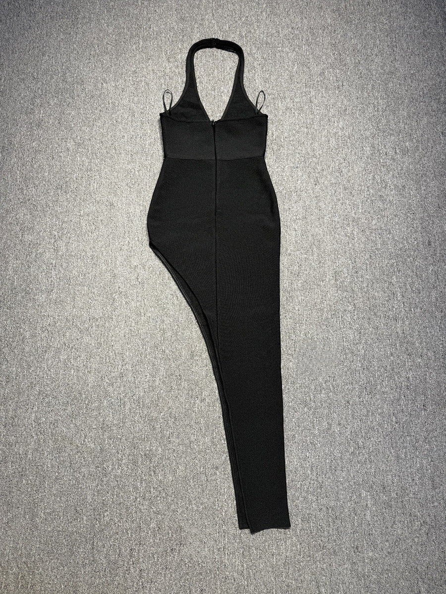 Halter rhinestone asymmetrical high slit dress