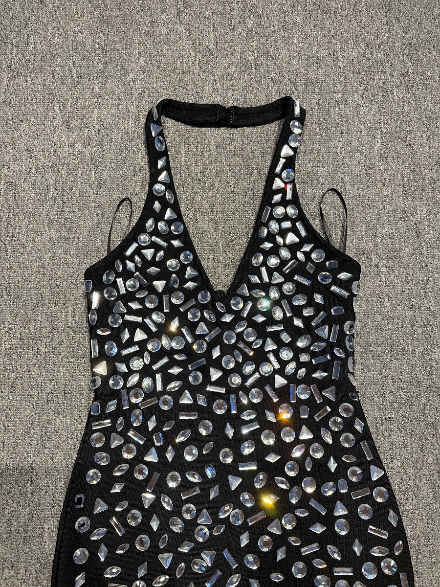 Halter rhinestone asymmetrical high slit dress