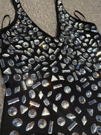 Halter rhinestone asymmetrical high slit dress