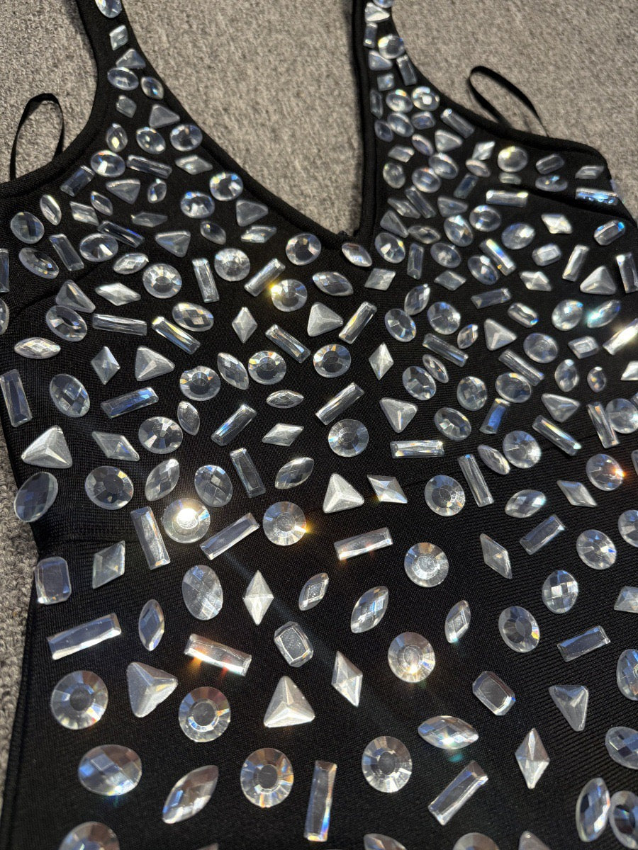 Halter rhinestone asymmetrical high slit dress