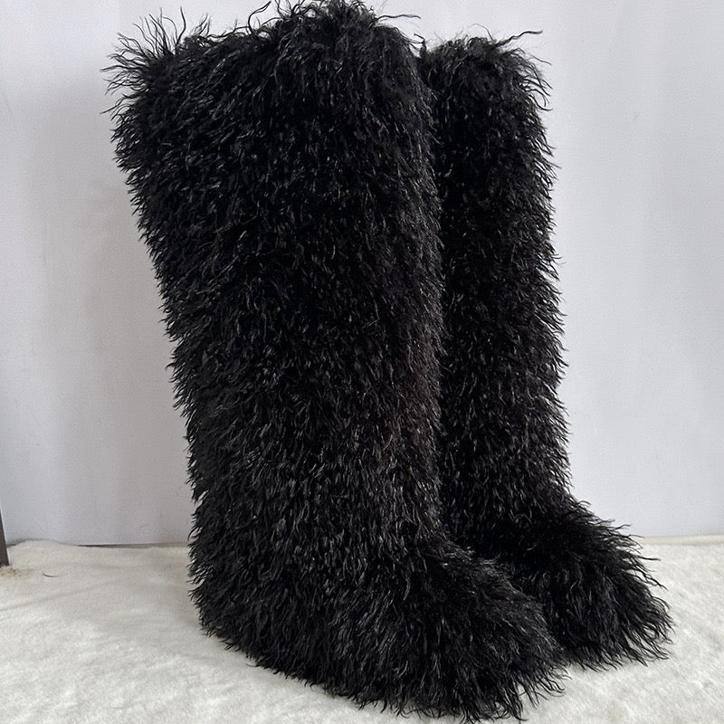 Women's Winter Faux Mongolian Fur Knee High Snow Boots-Warm Fashionable Solid Boots