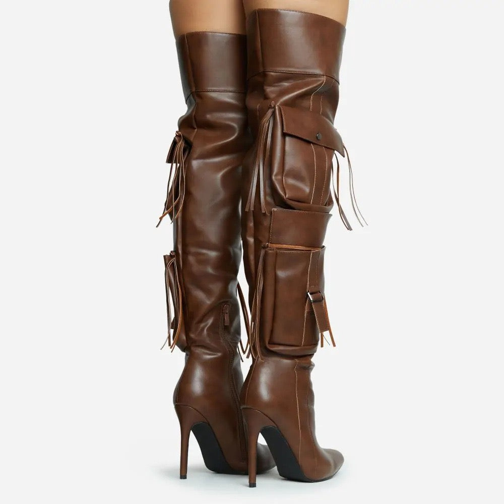 Pocket tassel over knee stiletto boots