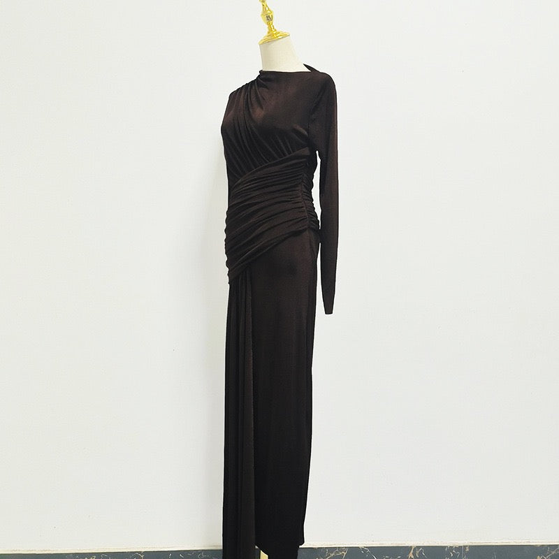 Asymmetric ruched bodice maxi