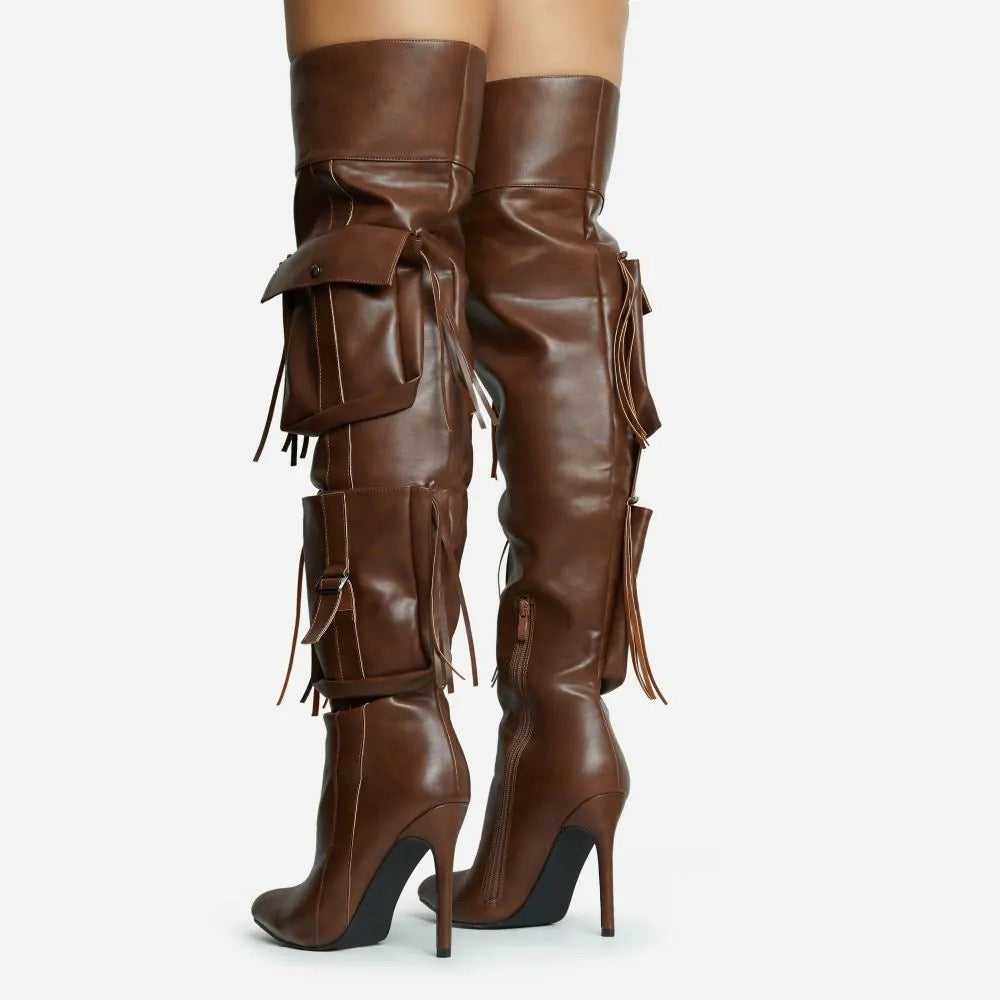 Pocket tassel over knee stiletto boots