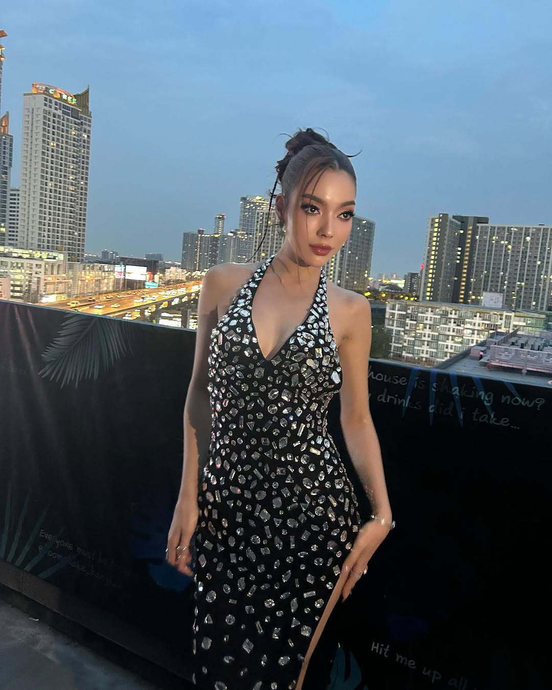 Halter rhinestone asymmetrical high slit dress