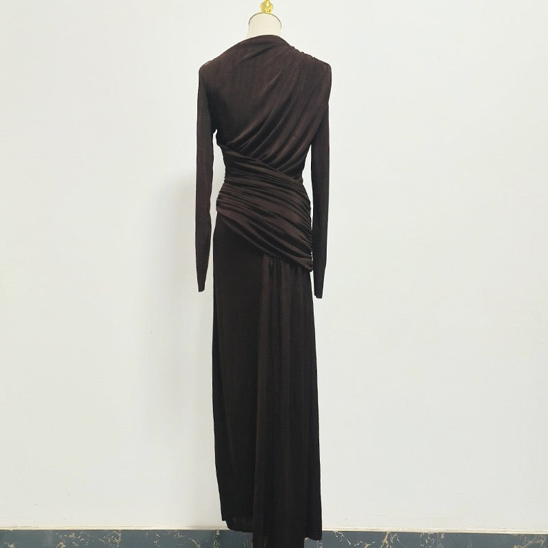 Asymmetric ruched bodice maxi