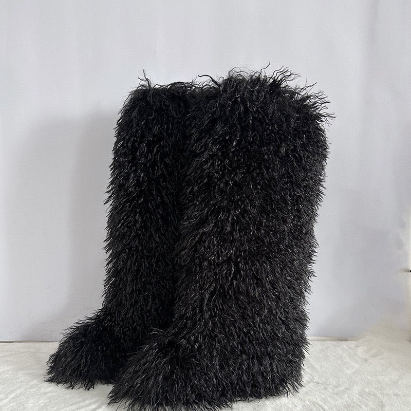 Women's Winter Faux Mongolian Fur Knee High Snow Boots-Warm Fashionable Solid Boots