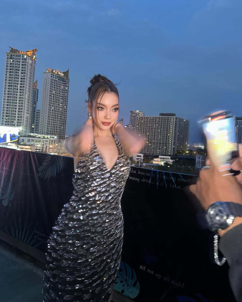 Halter rhinestone asymmetrical high slit dress