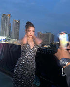 Halter rhinestone asymmetrical high slit dress